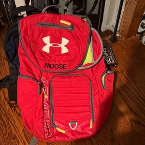 Under Armour Red Backpack with White Logo and Yellow Accents